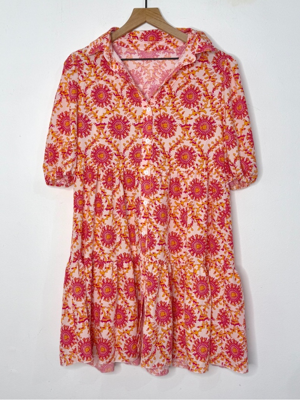 Pink Orange Boho Mini Dress Medium Button Front Tiered Babydoll Dress